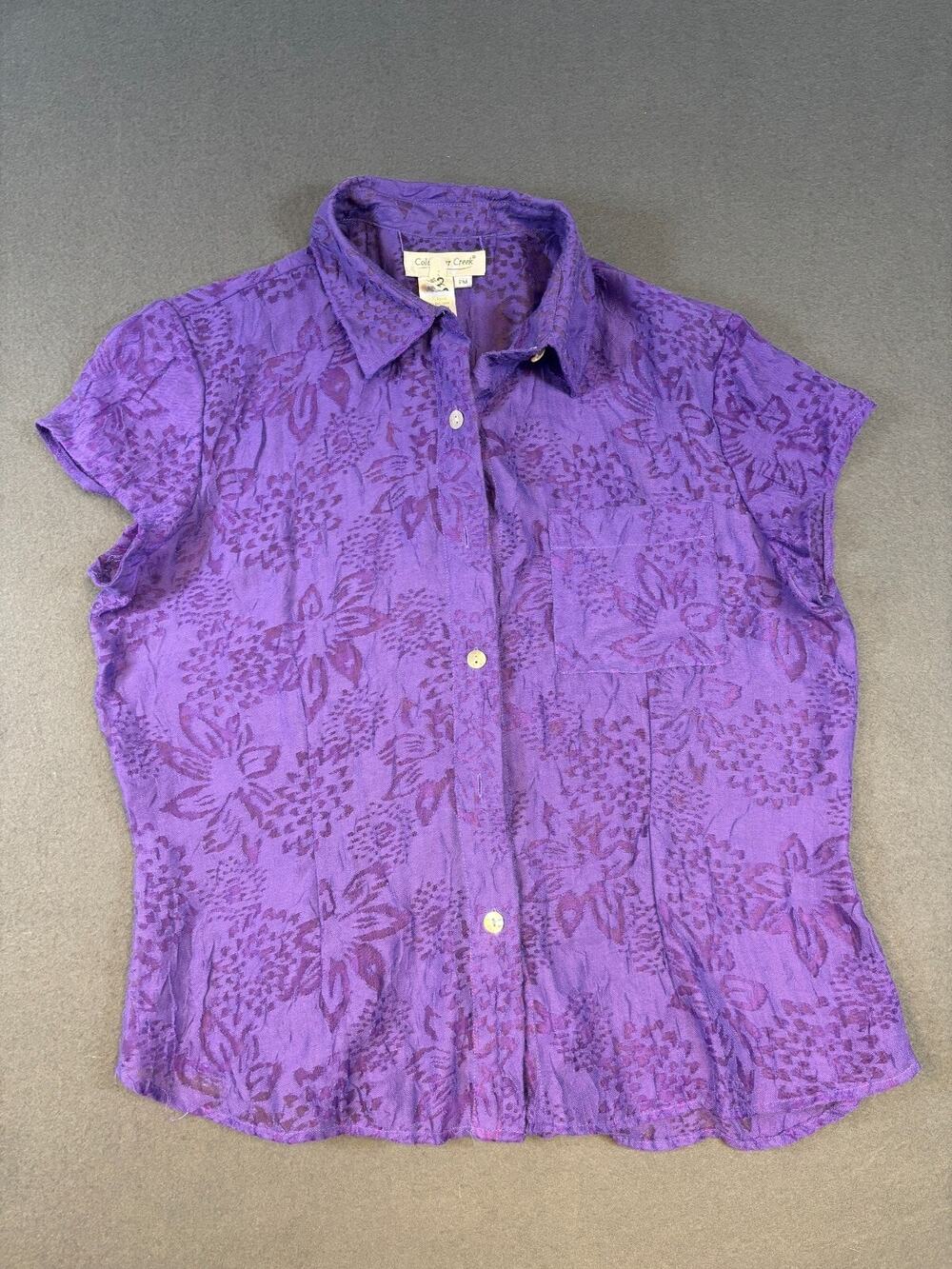 Coldwater Creek Petite PM Purple Crepe Floral Burnout Sheer Button Up Shirt